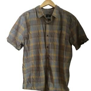 PraAna Large Outdoor Gray Brown Gold Checked Organic Cotton Short Sleeves Shirt